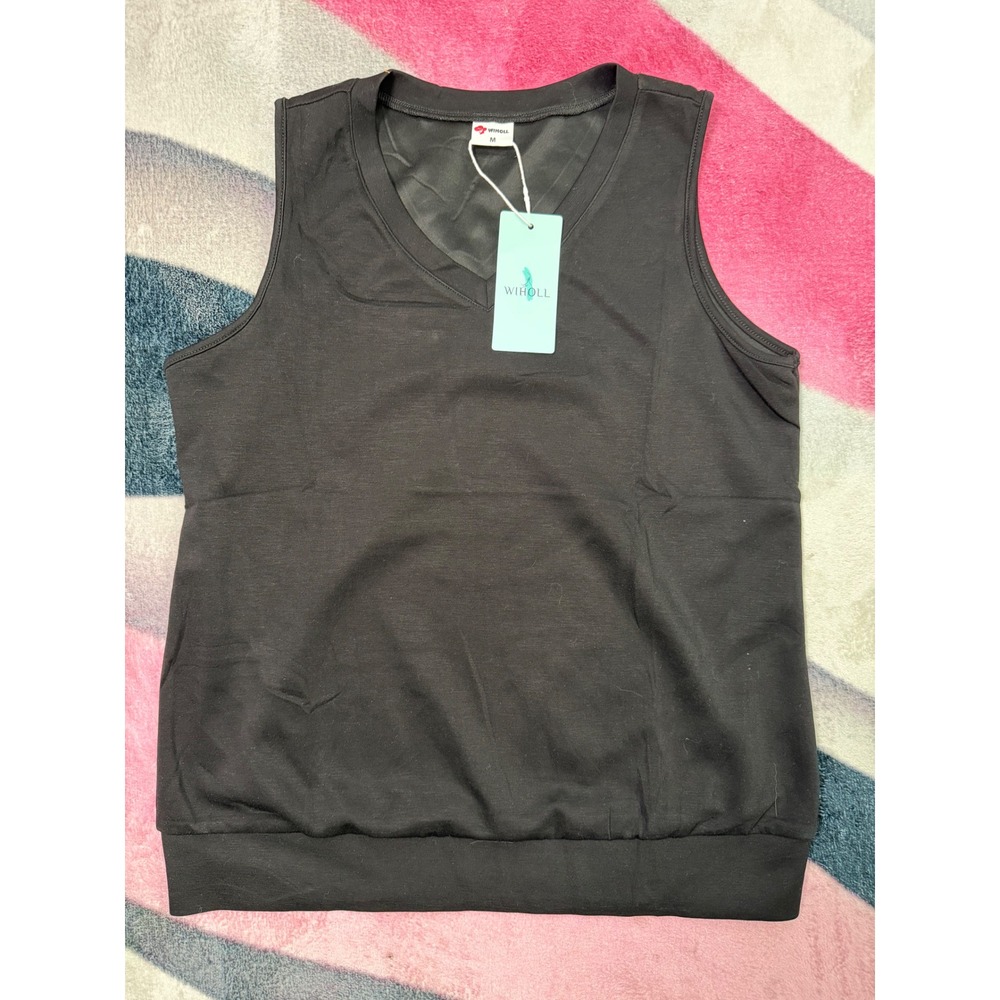 Wiholl Womens V-Neck Sleeveless Top Black Banded Hem Tank Size M NWT